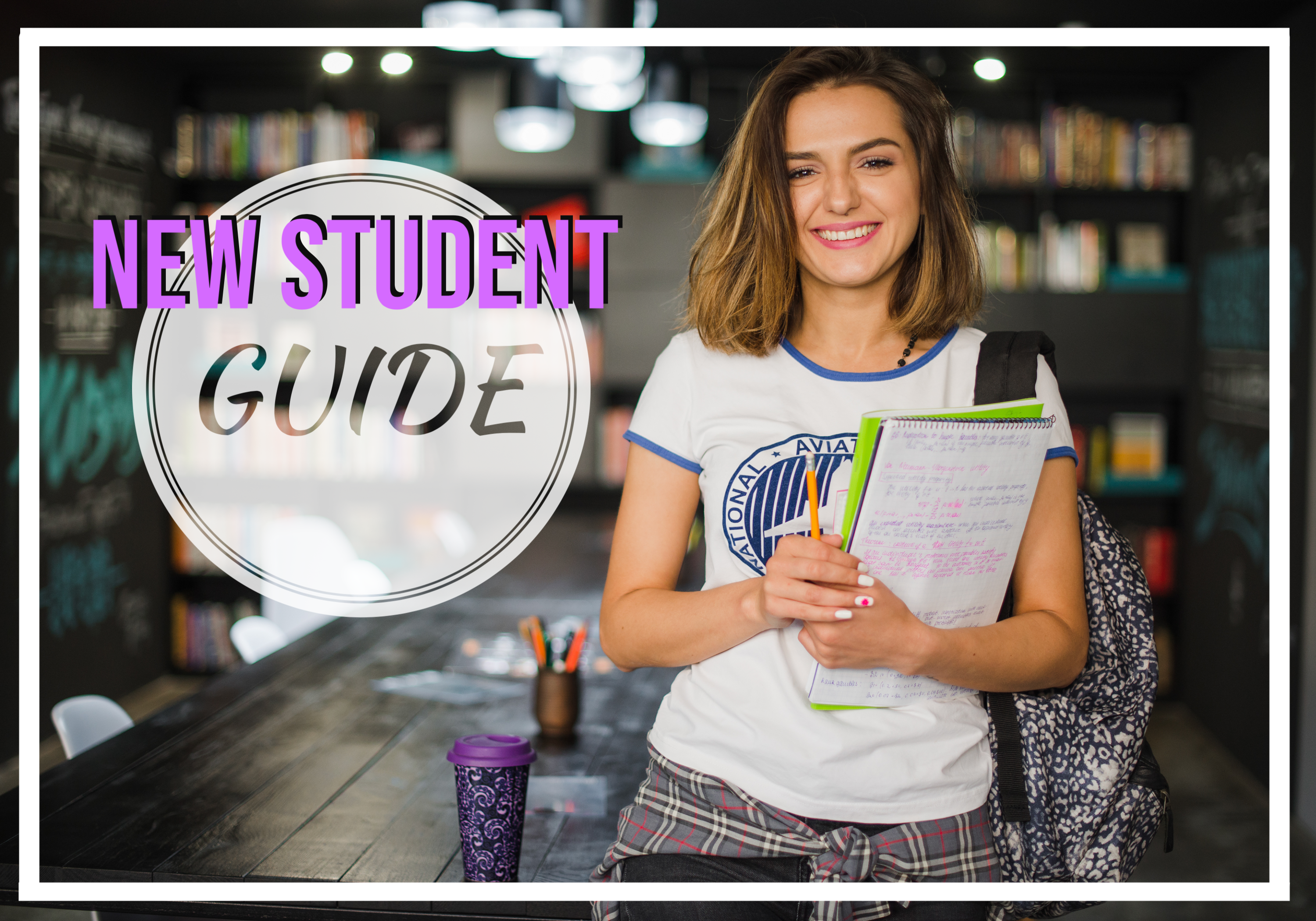 Student holding books with text "new student guide" to the left of her